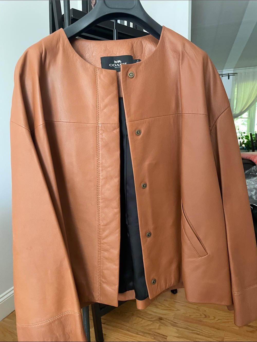 Coach Brown Collarless Leather Snap Jacket